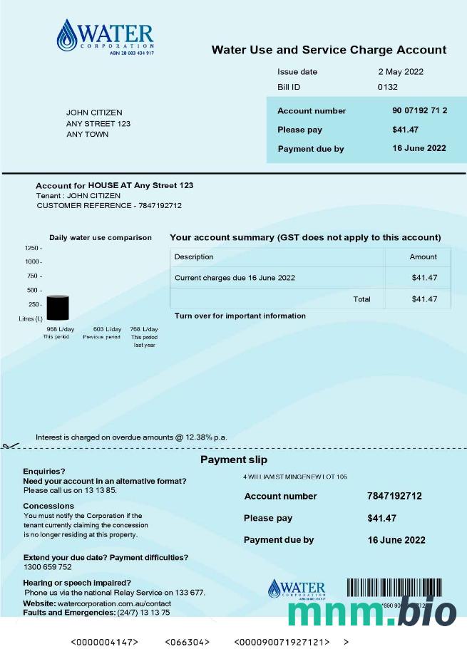 Australia Water Corporation WA rachunek za media .doc i .szablon pdf